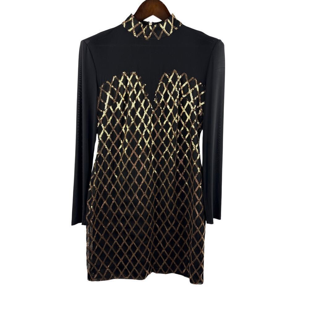 Women’s Reaqka XL Black Mesh Long Sleeve Mockturtleneck Dress w/ Gold Sequins - Picture 1 of 6